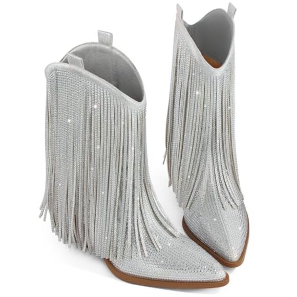 Women's Rhinestone Cowboy Boots with Fringe, Chunky Heel, Wide Calf - Picture 7 of 8